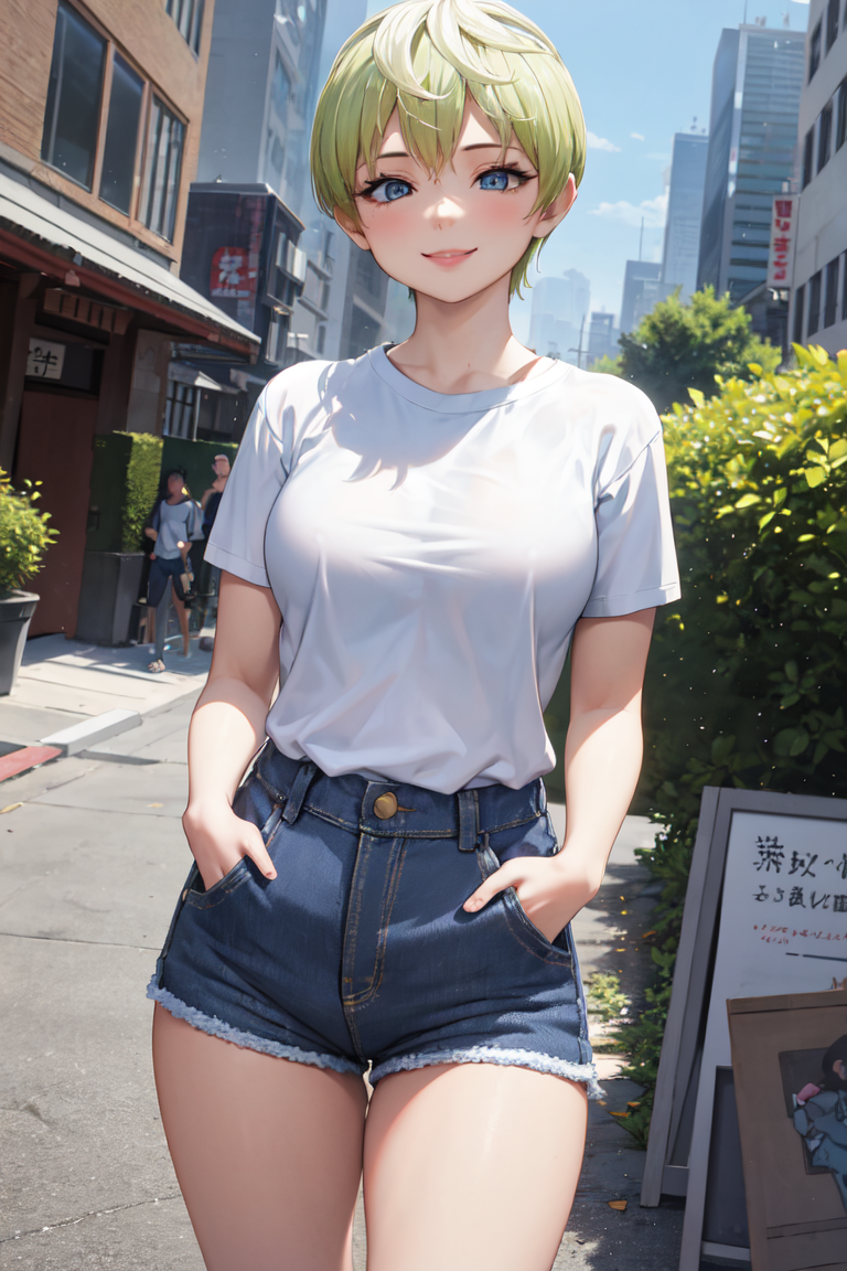 02715-3314038436-masterpiece, best quality, absurdres, perfect anatomy, 1girl, solo, TenkaIzumo, t-shirt, denim shorts, standing, outdoors, city,.png